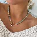 Amazonite Necklace, Colored Natural Stone Amazonite Beaded Necklace with Freshwater Pearl, 18 Inch Beaded Choker Summer Beach Jewelry for Women