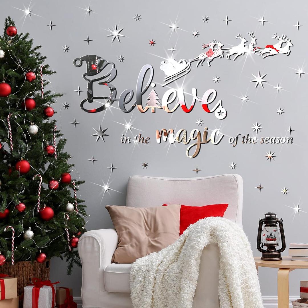 Christmas Acrylic Wall Decals Believe Quote Stickers 3D DIY Mirror Stickers Christmas Christ Wall Decor Acrylic Reindeer Snowflakes Window Clings Decal for Home Window(Silver)