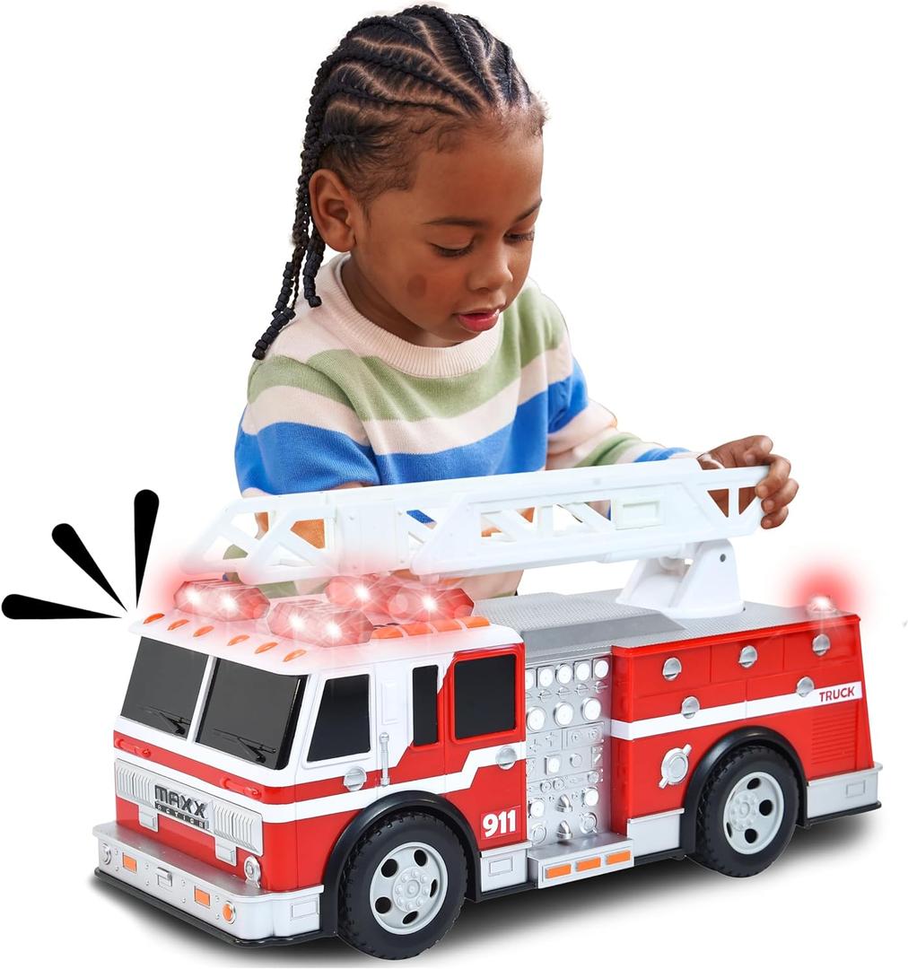 Sunny Days Entertainment Maxx Action 12 Large Fire Truck Lights and Sounds Vehicle with Extendable Ladder | Motorized Drive and Soft Grip Tires | Red Firetruck Toys for Kids 3-8