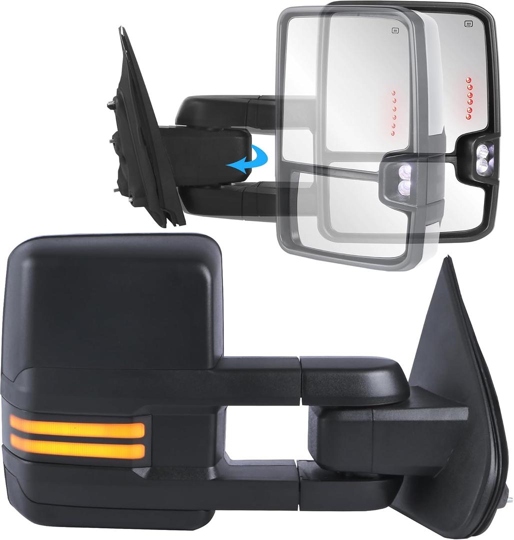 KUIPERAUTO Power Folding Towing Mirrors Compatible for 2007-2013 Chevy Silverado GMC Serria Yukon Suburban Tahoe, Heated Side Mirror w/White Running light Turn Signal Light, Extended Pair Set Black, Right+Left Side