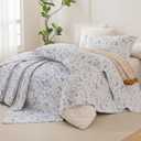 Lady Ann Oversized King Quilt Bedspreads 128x120,Cotton Blue and White Floral & Leaves Pattern California King Size Quilt Bedding Set Extra Large Lightweight Quilted Bedding Coverlet Set 3Pcs, Oversized King Plus