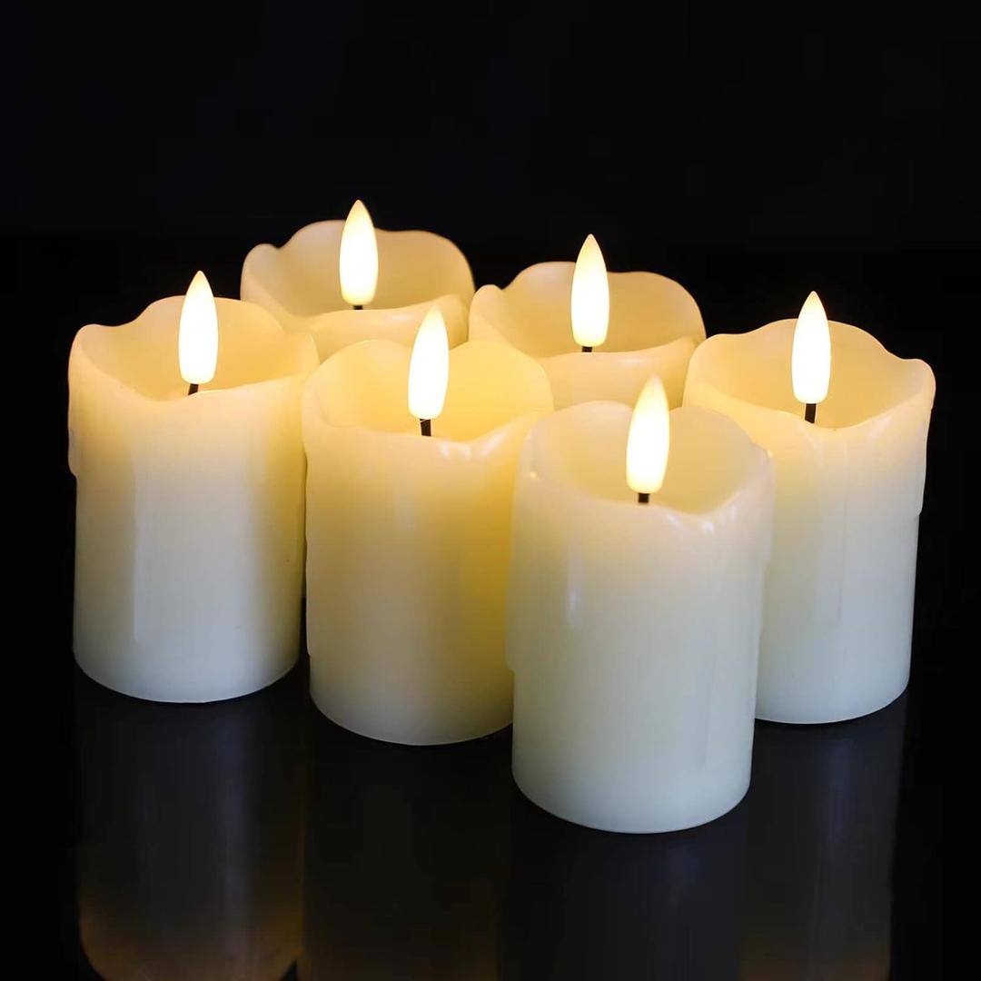 Lezonic Flameless Votive Candles Battery Operated with Remote and Timer, Pack of 6 (D:2" X H:3") LED Ivory White Long Lasting Flickering Wax Candles with Realistic 3D Flame