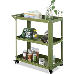 XCX 3 Tier Metal Utility Rolling Cart with Wheels, Green, 13.6"D x 27.5"W x 31.5"H