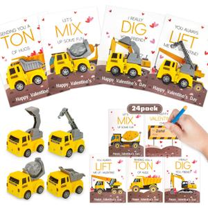 Valentines Day Cards for Kids Classroom: 24 Pack Trucks Valentines Gifts Construction Vehicles Toys Car Cards for Class Gifts Exchange, Classroom Prizes, Toddlers Girls Boys School Party Favors