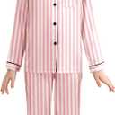 Veseacky Xms Satin Pajama Sets for Girls Silk Button Down PJ Set Silk Sleepwear Birthday Pajamas Gift (Pink Stripe,150)