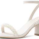 LACUONE Strappy Heels for women Block Chunky Heels Ankle Buckle Square Toe Heeled Sandals (9.5,Pearl White)