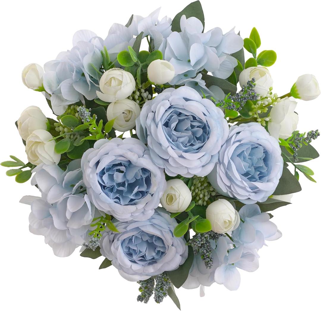 2 Bunches Artificial Peonies Flowers Silk Blue Peonies Fake Hydrangea Flowers Arrangements Table Centerpiece Faux Flores for Bridal Wedding Home Decor (2, Blue White)