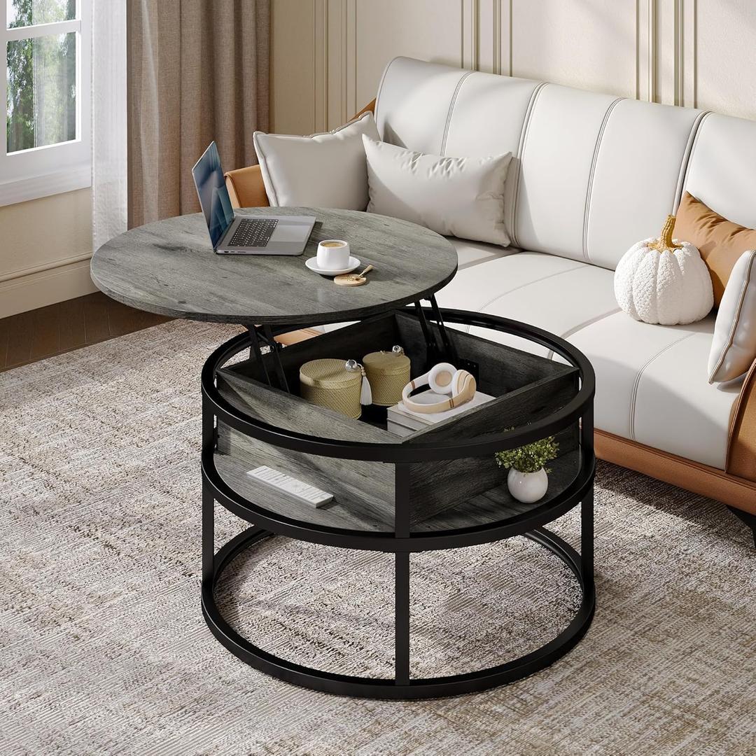 YITAHOME Round Lift Top Coffee Tables for Living Room with Hidden Storage Compartment, Modern Grey Coffee Table with Storage 2 Tiers for Home Decor Office Round Center Tables Living Room Table, Grey, 31.5 inches x 31.5 inches x 18.5 inches