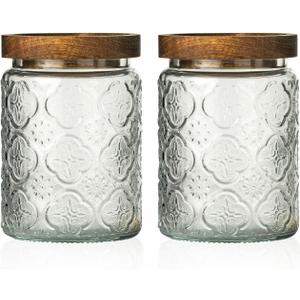 Snminetal Vintage Glass Kitchen Storage Counter Jar, Kitchen and Pantry Glass Storage, with Airtight Wood Lid for Cookies, Candy, Coffee Tea Beans, Grains,Food Storage Containers (plum-pattern*2)