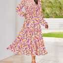 NOLLSOM Women 2026 Spring Dress Floral Boho Dress Casual Long Sleeve Crew Neck Ruffle A-Line Flowy Wedding Guest Maxi Dresses (L)