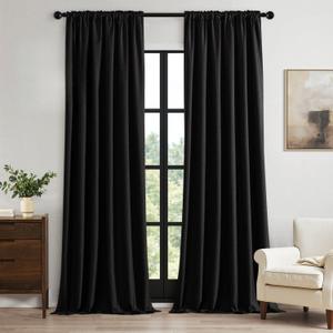 MIULEE 100% Blackout Curtains 108 Inch Long 2 Panels Set for Bedroom, Thick Luxury Faux Linen Black Out Curtain Room Darkening Back Tab Pleat Window Textured Drapes with Hooks for Living Room, Black, Size: 50"W x 108"L