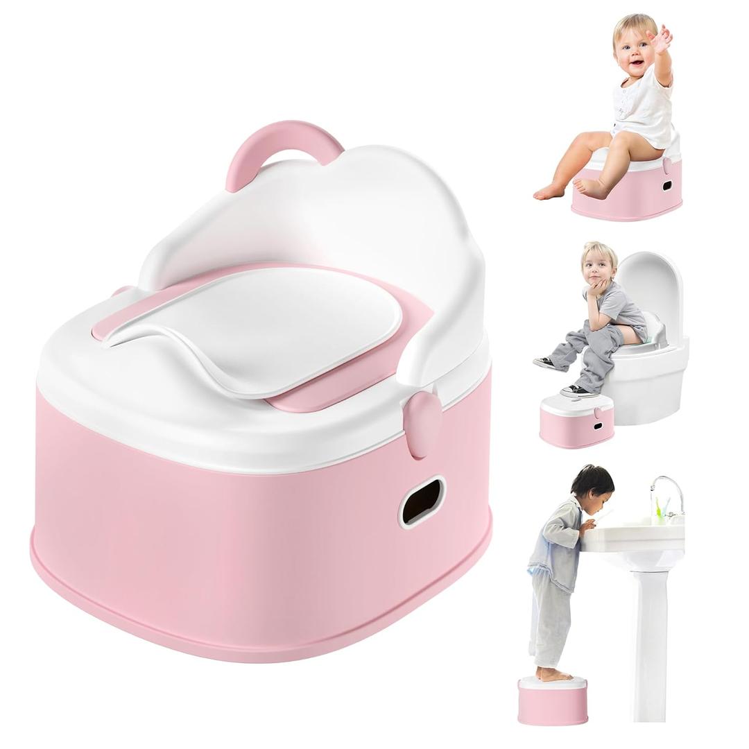 3-in-1 Toddler Potty Training Toilet & Detachable Training Seat & Sturdy Step Stool, Larger Potty Chair for Boy & Girl with Comfortable Backrest, Armrests, Splash Guard (Pink)