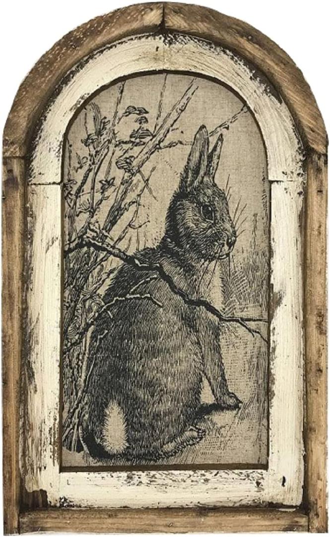 12 * 8 Inch Bunny Decor  French Country Rustic Farmhouse Rabbit Wall Art Poster, Vintage Wooden Wall Decor with Frame for Home & Easter Decoration (A)