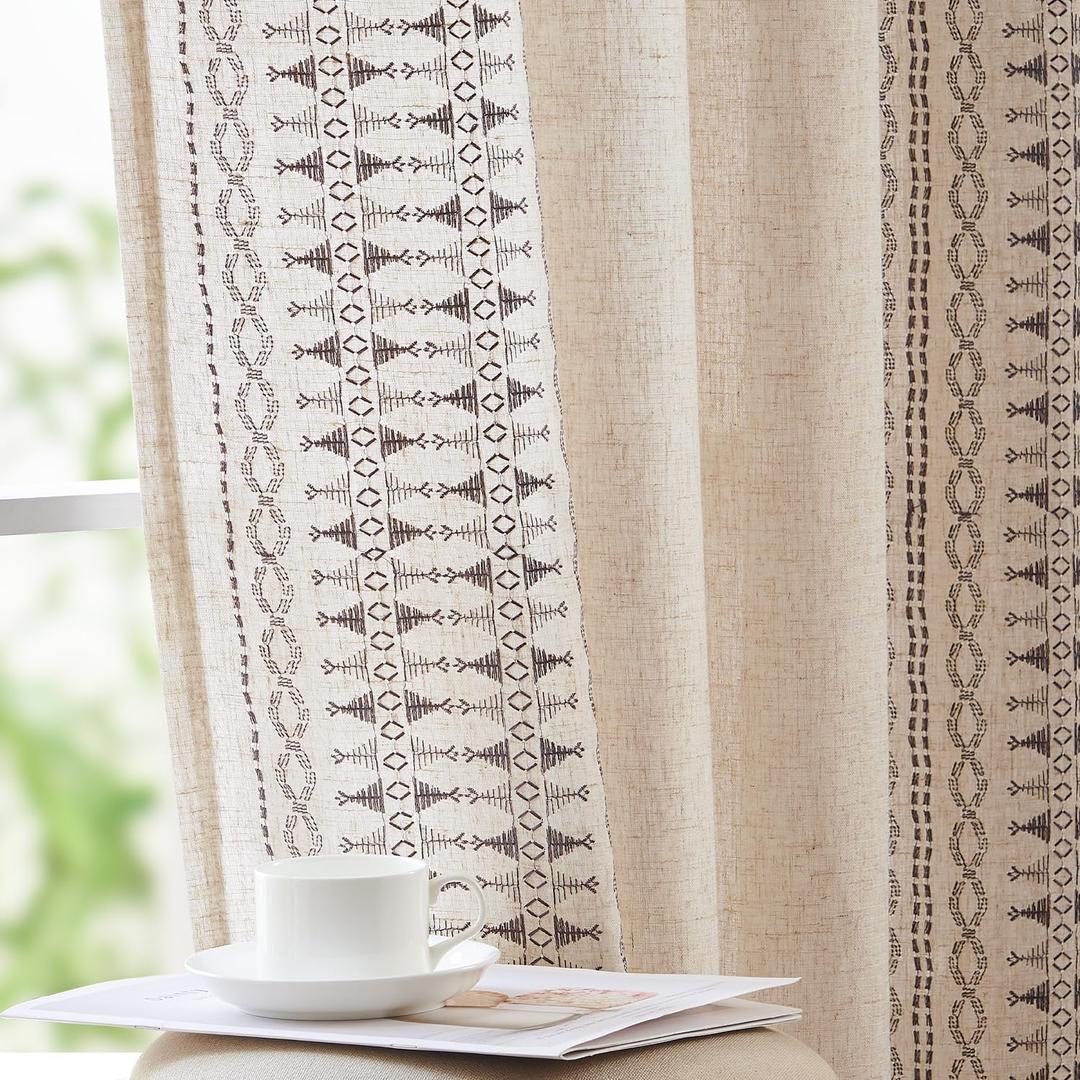 jinchan Boho Curtains for Bedroom Linen Blend Window Curtains Farmhouse Embroidered Bordered Drapes for Living Room 84 Inch Length 2 Panels Bohemian Light Filtering Grommet Drapes Grey on Beige