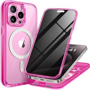 for iPhone 15 Pro Max Case, Compatible with MagSafe, Built-in Privacy Screen Protector and Camera Protection, Anti Spy Full Body Dustproof Shockproof Hard Phone Case 6.7",Bright Pink