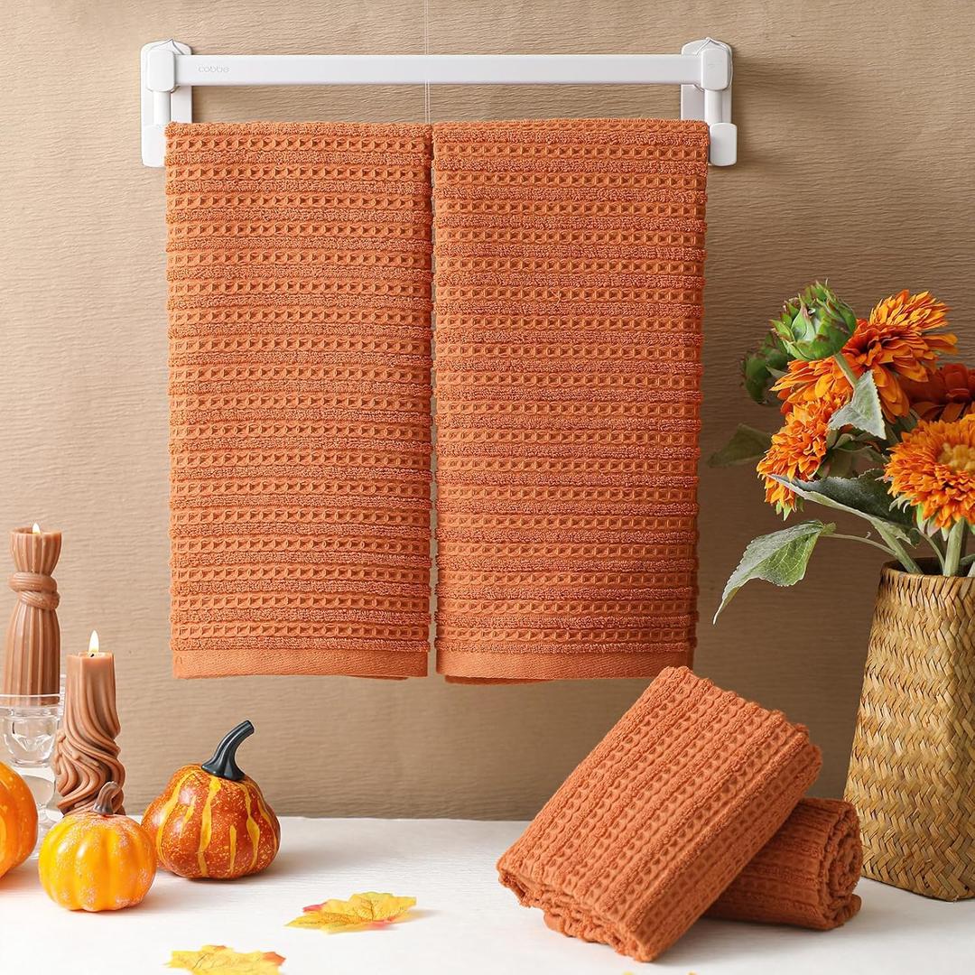Mindsoft 4 Pack Burnt Orange Hand Towels Waffle Striped Pattern 100% Cotton Soft Hand Towels for Bathroom 13 x 29 Inch Absorbent Waffle Washcloths for Bathroom Kitchen