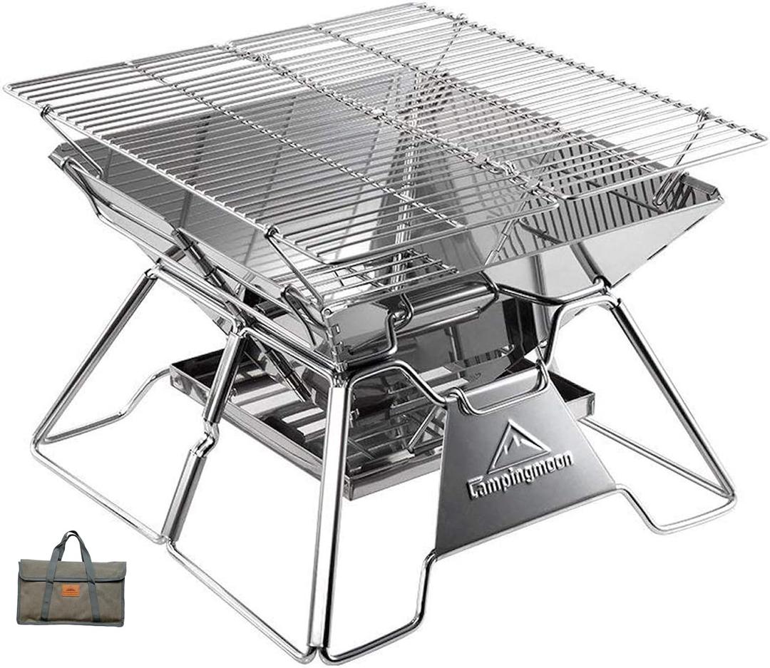 CAMPINGMOON Portable Campfire BBQ Grill 14 Inch Stainless Steel Folding Fire Pit Wood Burning Adjustable Height Outdoor Cooking RV Camping Carry Bag MT-2