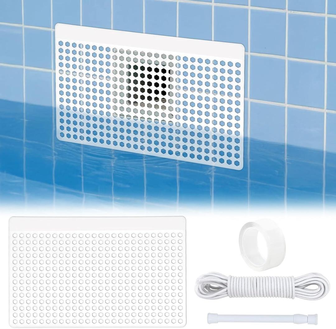 Pool Skimmer Guard Kit Leaf Skimmer Catcher Shield with Elastic Rope & Telescopic Rod Fits All Inground & Above Ground Pools Rust-Proof Net Cover to Prevent Debris & Blockage Easy Assembly