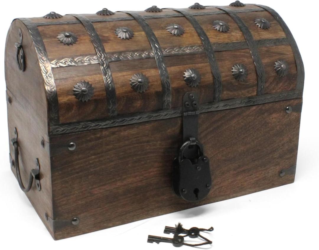 Nautical Cove Handmade Pirate Treasure Chest for Kids Prizes & Classroom with Lock and Skeleton Keys  Lockable Wooden Storage Chest Box, Pirate Decor, Decorative Wooden Box - Large 13x8x8.25