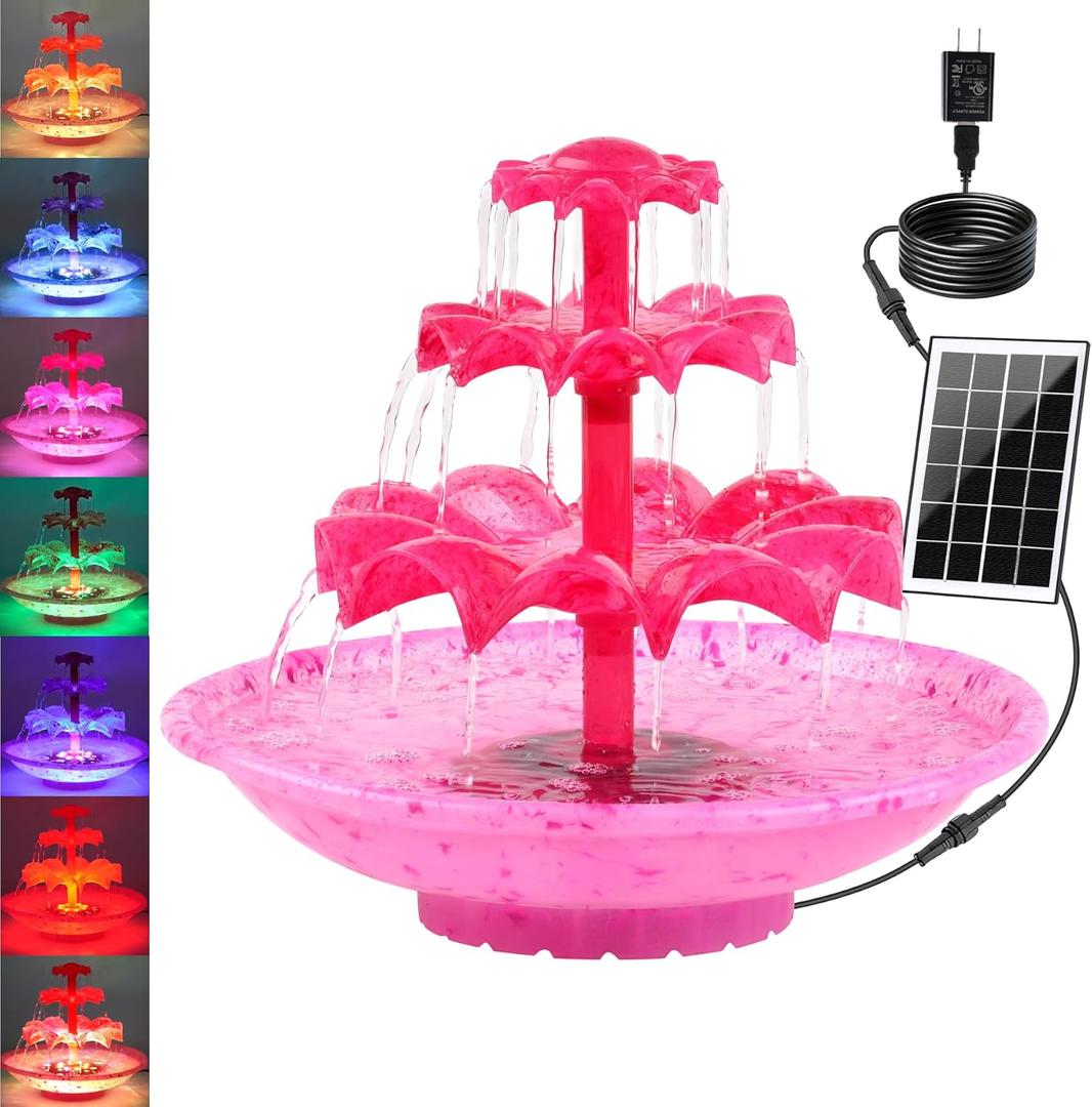3.5W Solar Fountain Pump for Bird Bath, 3-Tier Red Solar Water Pump with 8 LED Lights, 32.8FT Power Cord and Adapter Included, Dual-Powered for 24/7 Use for Garden, Pond, Pool, Fish Tank and Lawn