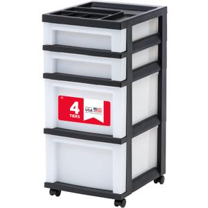 IRIS USA Plastic Drawer Storage Organizer Rolling Cart, with Wheels Casters, 4-Drawers, for Classroom Art Craft Supplies Dresser Closet Bathroom Laundry Room, Black/Pearl