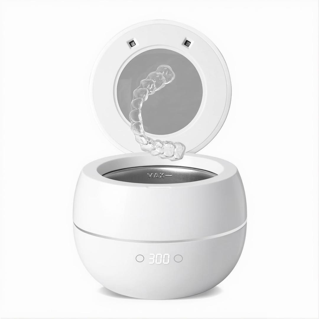 Dental Ultrasonic Retainer Cleaner Machine: 45kHz Dental Cleaning Pod for Denture, Aligner, Mouth Guard, Night Guard, Braces & Jewelry, UV Denture Cleaner with Digital Timer & Dual Mode 250ML White