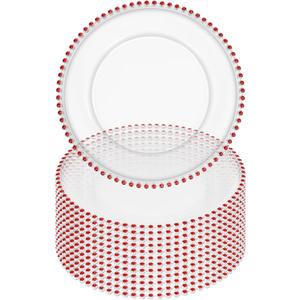 12 Pack Clear Charger Plates Bulk Wedding, 13 Inch Plastic Round Dinner Chargers with Red Beaded Rim, Acrylic Round Decorative Plates for Wedding Party Home and Tabletop Decor (Red), 12 Pcs