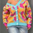 WDIRARA Women's Floral Button Down Cardigan Sweater Oversized V Neck Long Sleeve Knit Outerwear (L)