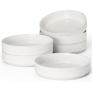 E-far Pasta Bowls Set of 6, 35oz Large Salad Bowl Plate for Dinner Serving Soup, Wide & Shallow Ceramic Stoneware Pasta Plates, Microwave & Dishwasher Safe, Textured Stripes & Speckled White, 8