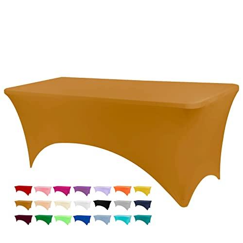 BDDC Table Covers for 6 Foot Tables, Gold Washable and Wrinkle Resistant Stretch Tablecloths Rectangle 6ft for Events, Wedding, Banquets, Parties