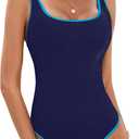 BMJL Women's One Piece Swimsuit Sports Adjustable Strap Bathing Suit Color Block Ribbed High Cut Swimsuits (X-Large, Dark Blue&Blue029)