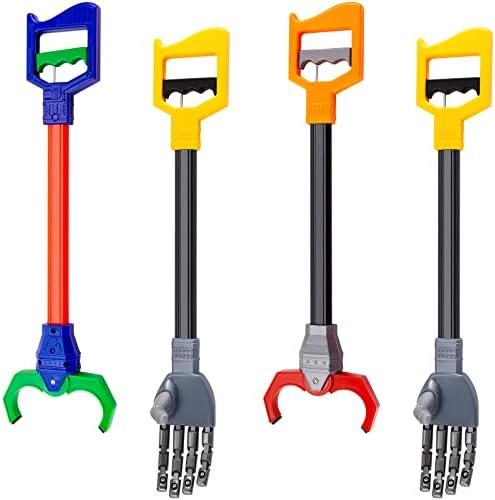 Lewtemi 4 Pcs Grabber Reacher Pickup Tool Toy Pack Interactive Claw Grab Robot Arm for Boys Girls Kids Children Fun Early Learning and Hand Eye Coordination Play, 18 Inch (Red,Blue,Gray)