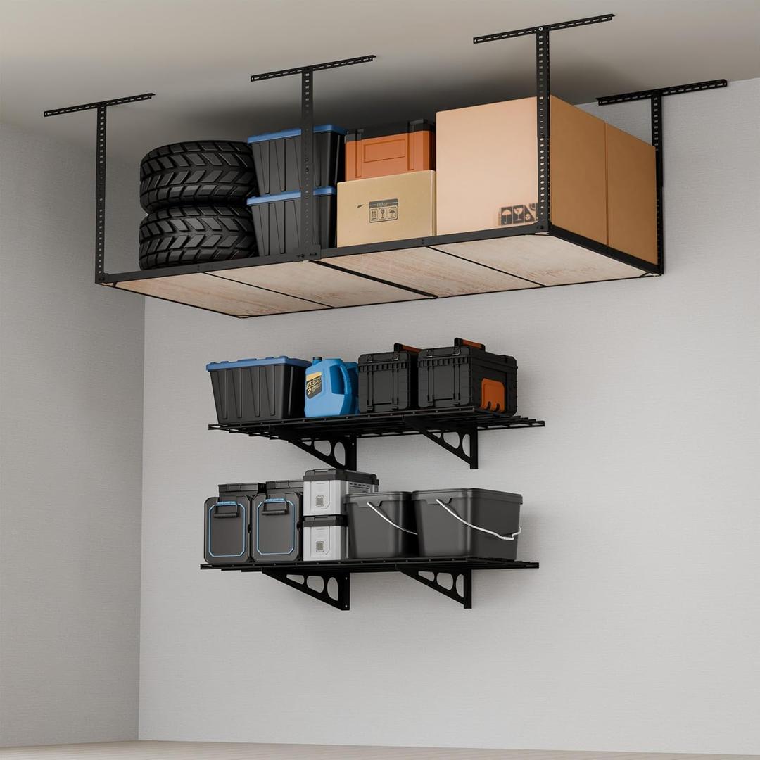 FLEXIMOUNTS Garage Storage Bundle  2-Pack 2x4ft Wall Mounted Floating Shelves (24"x48") & 4x8 Overhead Garage Storage Rack Without Decking, Heavy-Duty Metal Ceiling Storage System, 600lbs Capacity