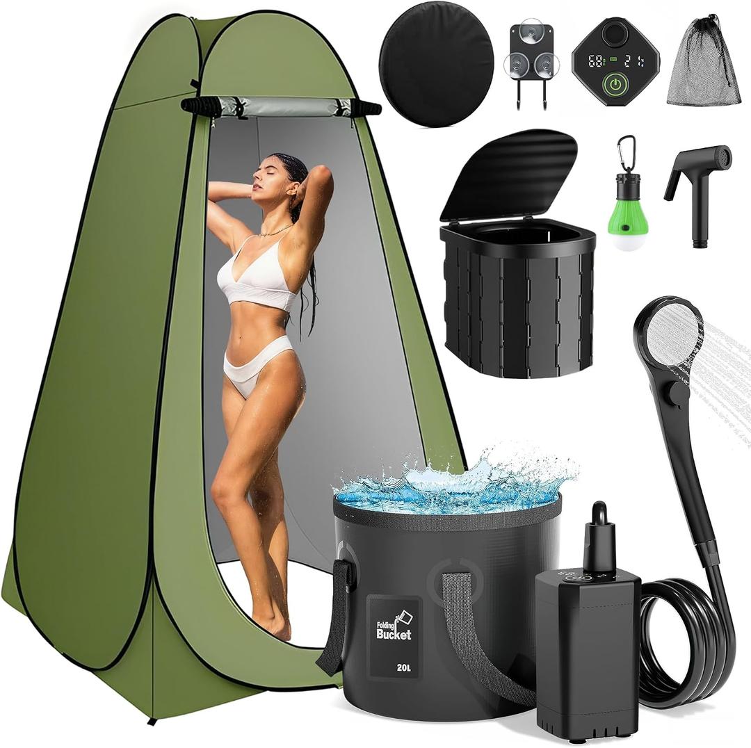 Portable Camping Shower Kit, Outdoor Camp Shower Pump with Foldable Bucket/Outdoor Shower Bag, Privacy Tent and Toilet Options Available, IPX7 Waterproof for Hiking, Travel, Car, Pet, Luxury