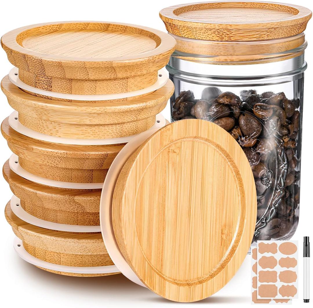 6 Pack Wooden Wide Mouth Lids for Mason Jars with Silicone Airtight Reusable Bamboo Wooden Storage Lids with 2 Label and 1 Pen
