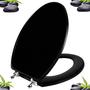 Black Elongated Toilet Seat Natural Wood Toilet Seat with Zinc Alloy Hinges, Easy to Install also Easy to Clean, Scratch Resistant Toilet Seat by Angol Shiold (Elongated, Black) (Elongated, Black)