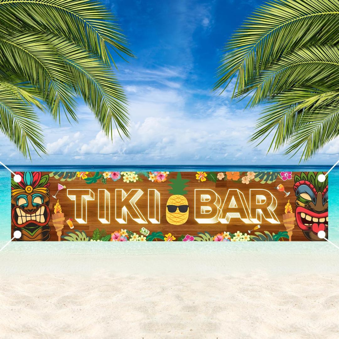 Tiki Bar Sign Tiki Party Decorations, Hawaiian Luau Party Decorations, Aloha Tiki Banner, Tropical Backdrop for Beach Theme Events