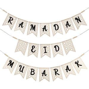 Menkxi 3 Pcs Eid Ramadan Mubarak Banner Wooden Ramadan Mubarak Decoration Rustic Bead Decorations Banner Muslim Party Decor Supplies for Home Fireplace Indoor Outdoor (Large, Black Letters)