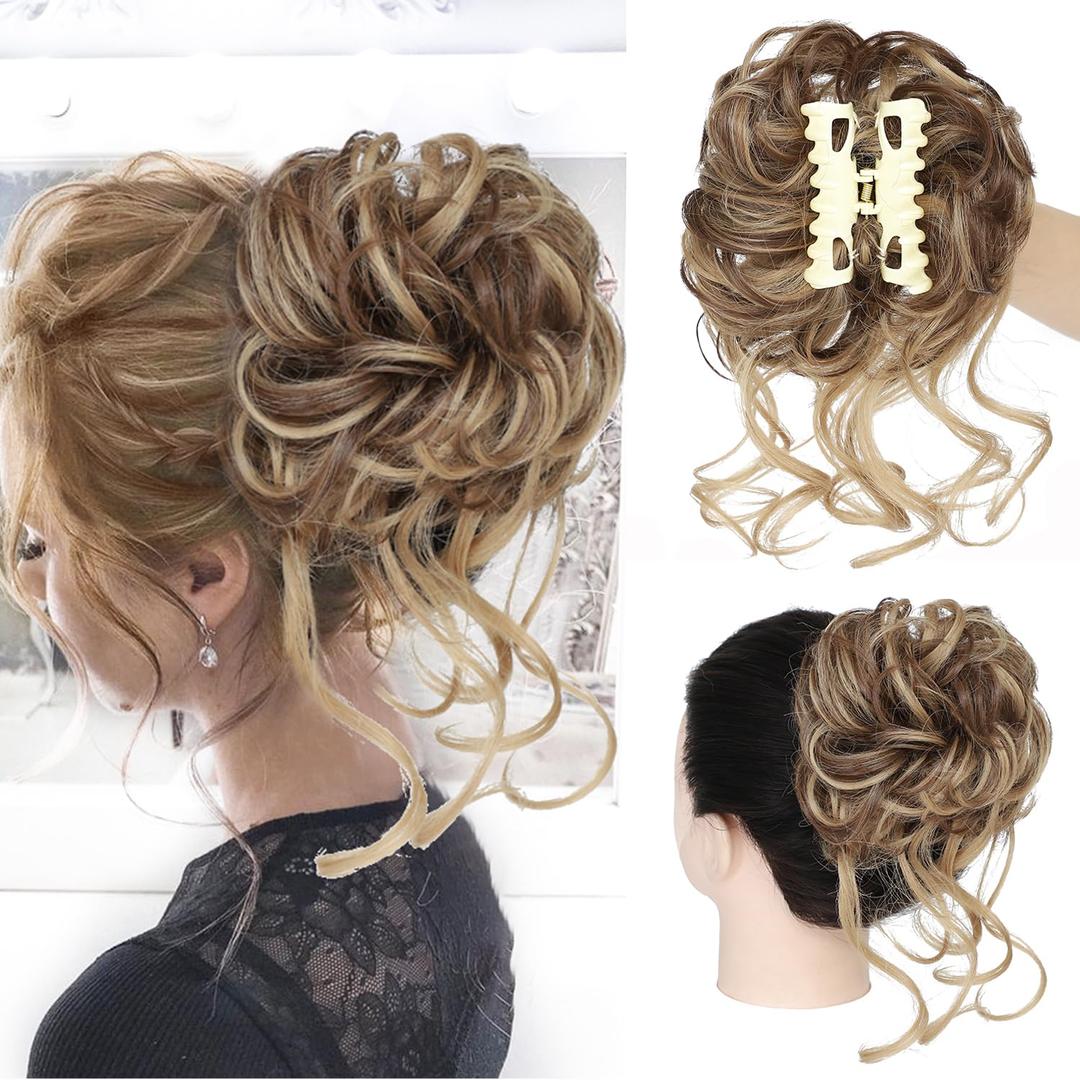 Messy Bun Hair Piece Claw Clip Curly Wavy Faux Hair Bun Tousled Updo Hair Extensions Scrunchie Long Beard Chignon Buns Hair pieces for Women(Brown Mix Natural Blonde) (10 Inch)