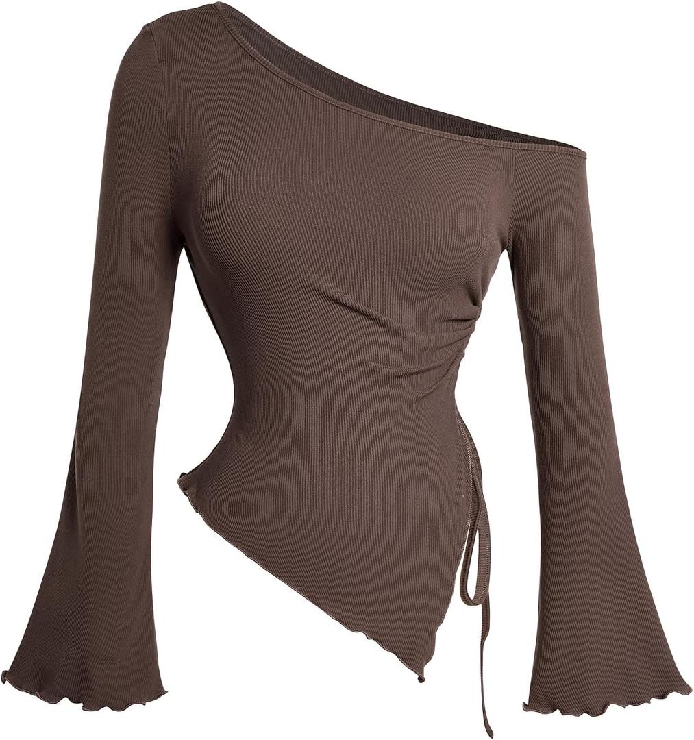Milumia Women's Ribbed Knit One Off The Shoulder Asymmetrical Long Bell Sleeve Tops Y2K Going Out Tee Shirt Tops (Medium, Brown)