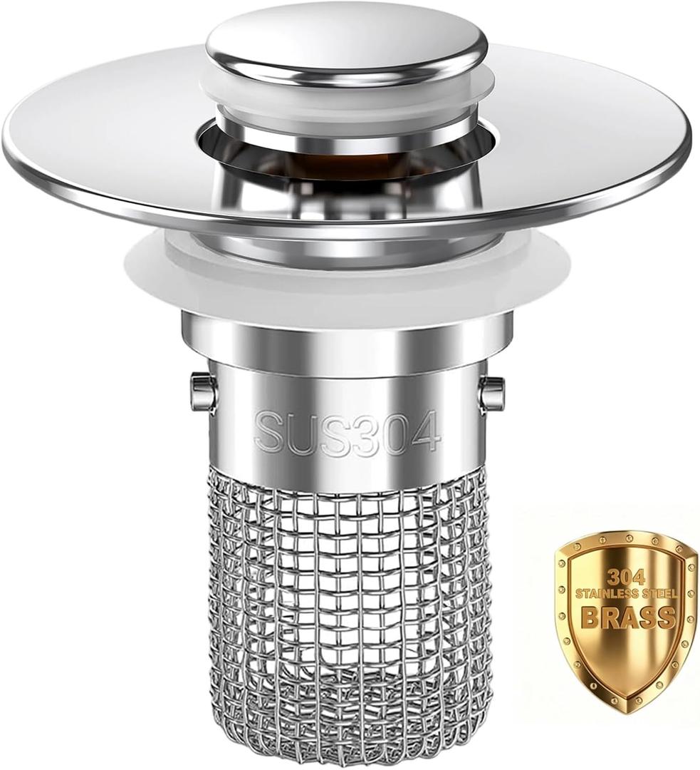 Bathroom Sink Drain Strainer,Pop Up Sink Stopper with Removable Stainless Steel Hair Catcher Basket, Anti-Clog Bathroom Sink Drain Plug for 1.1-2.36 Inch Drain Holes (Sliver 1Pcs)