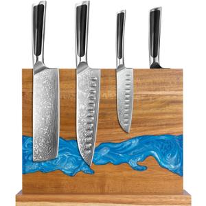 magnetic knife holder - Acacia wood Magnetic Knife Block, Magnetic Knife Storage with double-sided magnetic, blue resin river, 12.59 9.84 inches (Without knife)
