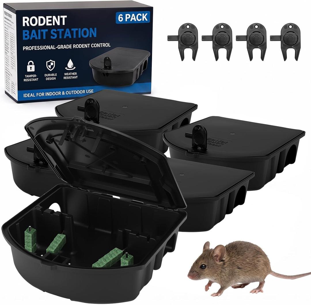 6 Pack Rat Bait Station with Key Mouse Bait Boxes 10.5x10.5x3.5in