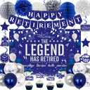 Retirement Party Decorations Blue Silver Happy Retirement Decorations for Men Women, Happy Retirement Banner, Retired Backdrop, Balloons, Pompoms, Hanging Swirls, Retired Cards, Cake Toppers Set 54pcs