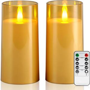 Raycare Flameless Electronic Pillar Candles with Remote Control and Timer- Battery Operated Realistic Flickering LED Fake Candle for Home, Wedding, Valentine's Day Decor, Gold,Set of 2