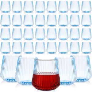 Suclain 100 Pcs 14oz Ribbed Plastic Wine Glasses Disposable, Blue, 3.54 inches