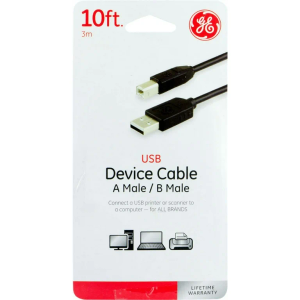 GE 10ft USB Device Cable, A-Male to B-Male, works with all USB-B devices, Black, 34502