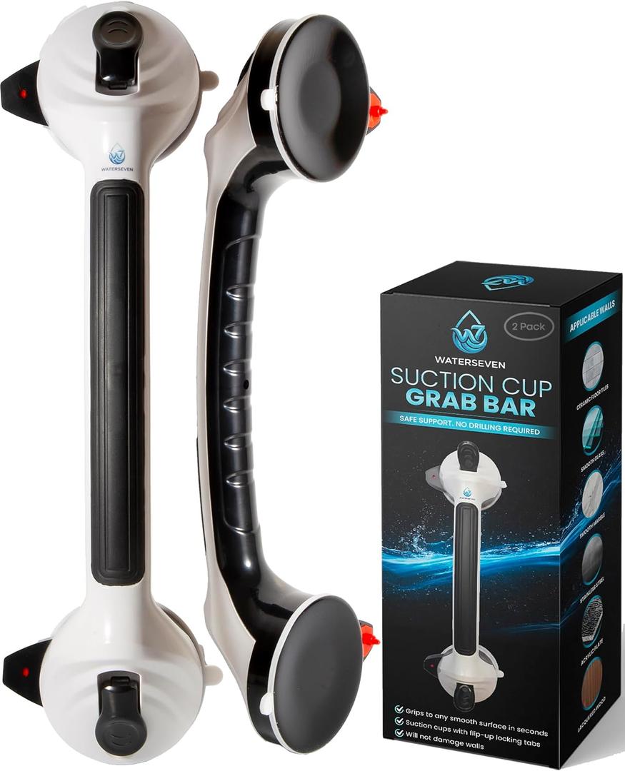 Suction Grab Bars for Shower 2-Pack, Extra-Strong Suction Cup Bathroom Grab Bar Handle w/Green Safety Indicator, No-Drill Removable Shower Handle for Seniors, Elderly & Handicap