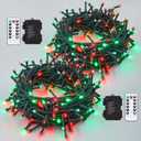 YEGUO Christmas Lights Battery Operated, 2 Pack Each 33ft 100 LED Red and Green String Lights Outdoor Waterproof, 8 Modes Green Wire Fairy Light Indoor with Remote