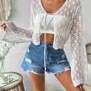 SweatyRocks Women's Tie Front Crop Cardigan Hollow Out Long Sleeve Lightweight Knit Tops (Large, White)